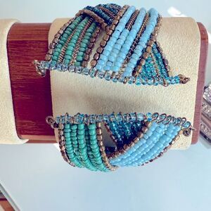 Blue seed beaded wrap bracelet adjusts for fit